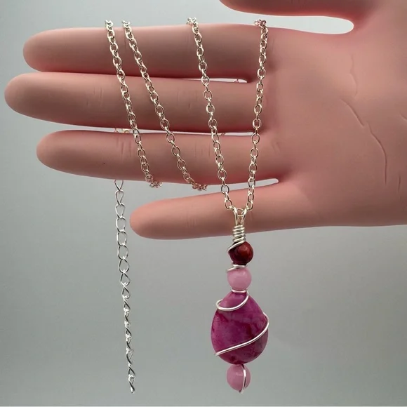 Wire-Wrapped Pink Gemstone Teardrop Pendant Necklace - Picture 5 of 6